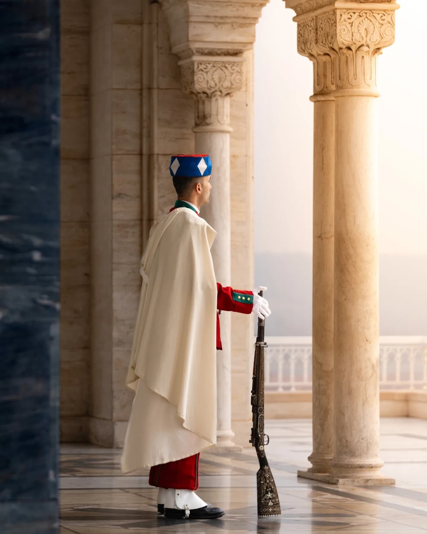 ممر احتفالي. ممر حجري يلتقط الوقفة الرسمية داخل ضوء جانبي ناعم.